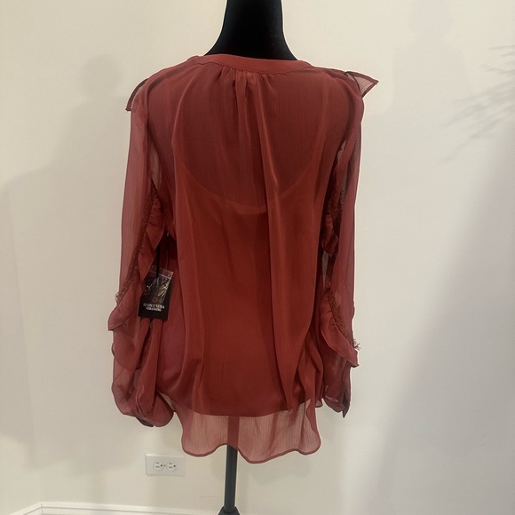 Vera Wang Rust Lace Ruffle Sheer Blouse | Size - Picture 5 of 5
